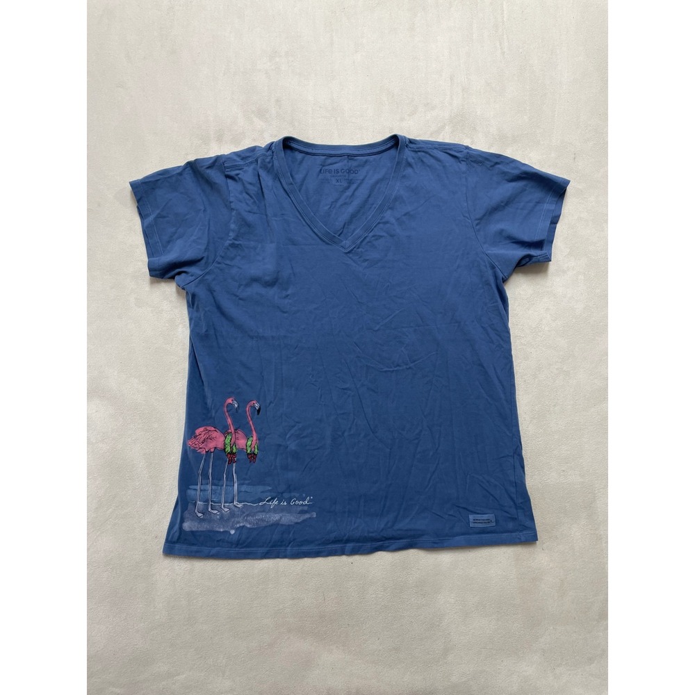 Life is Good Women XL Blue Flamingo Wreath V-Neck Crusher T-shirt Sleeve Cotton